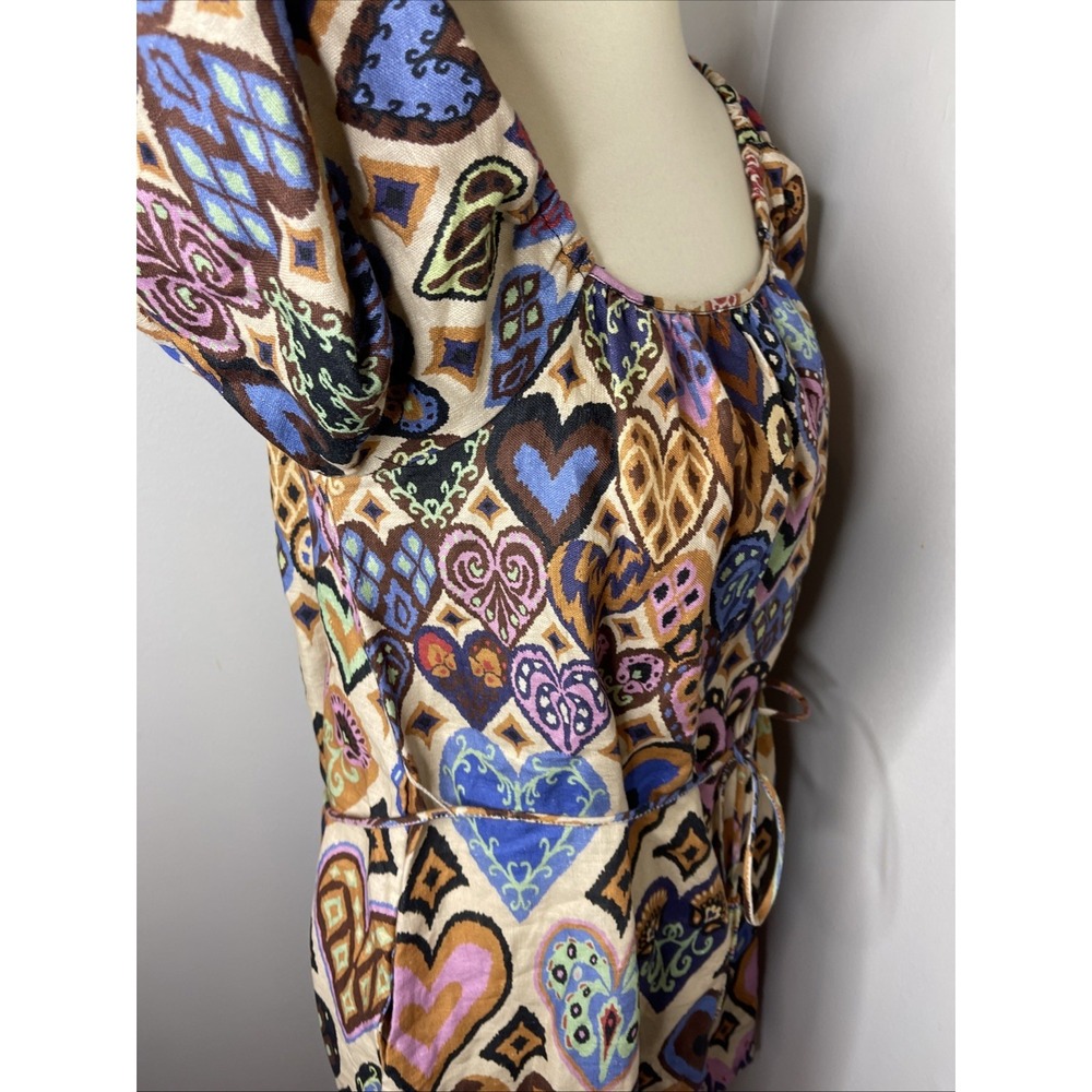 NEW FARM RIO Cream Hearts Ikat Puff Sleeve Dress Sz Small - Picture 6 of 11